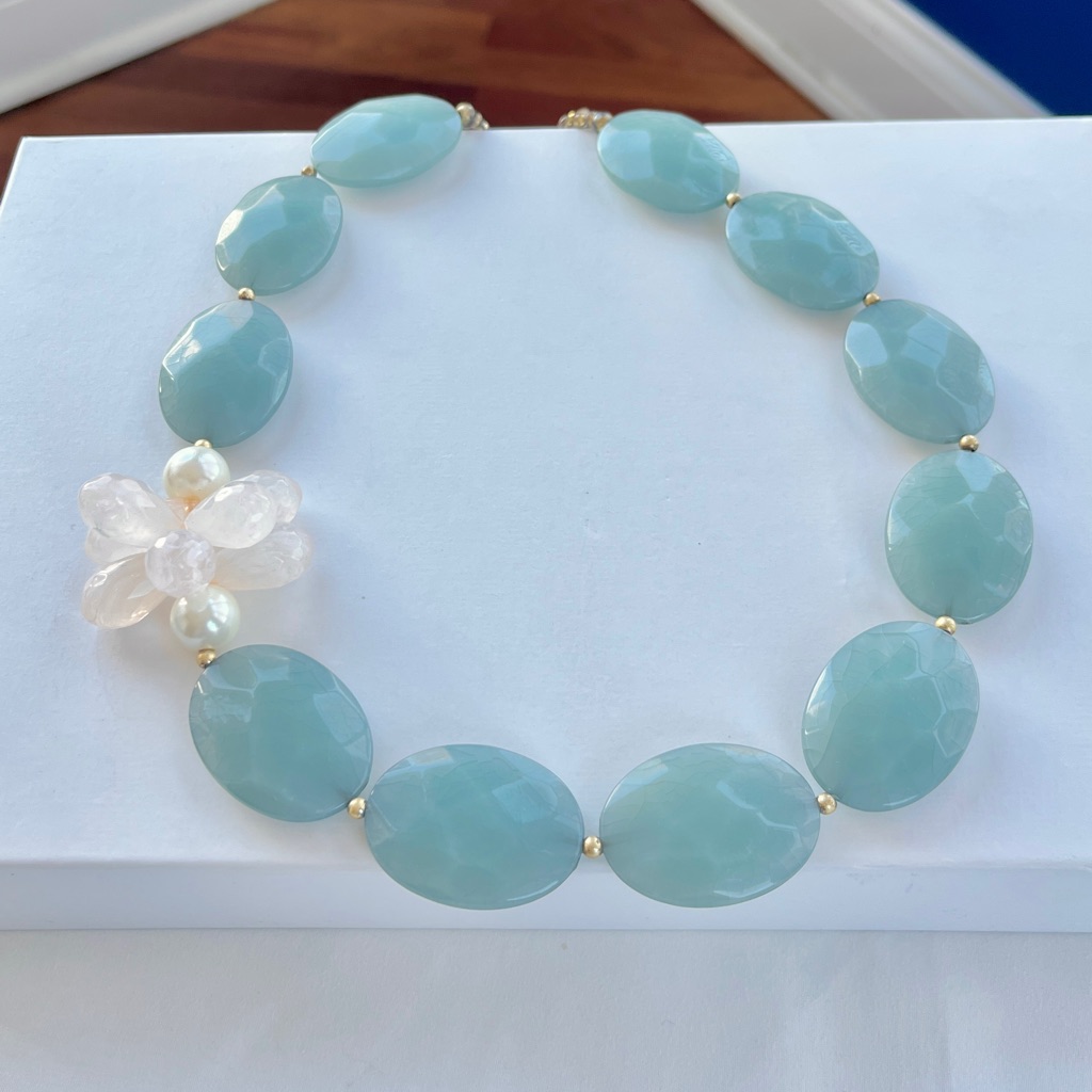 Seafoam, Pink & Pearl Flower Cluster Necklace